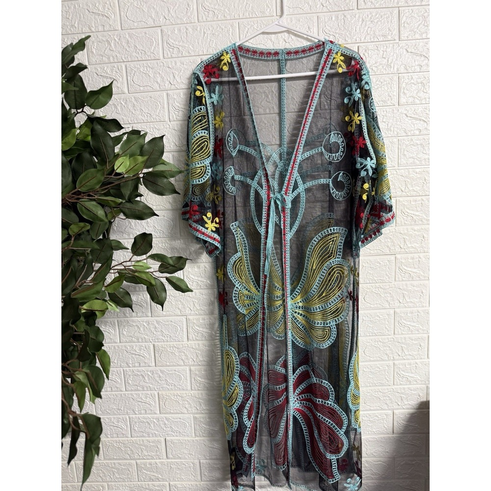 Bohemian Black Floral Kimono Womens One Size Embroidered Mesh Festival Wrap
